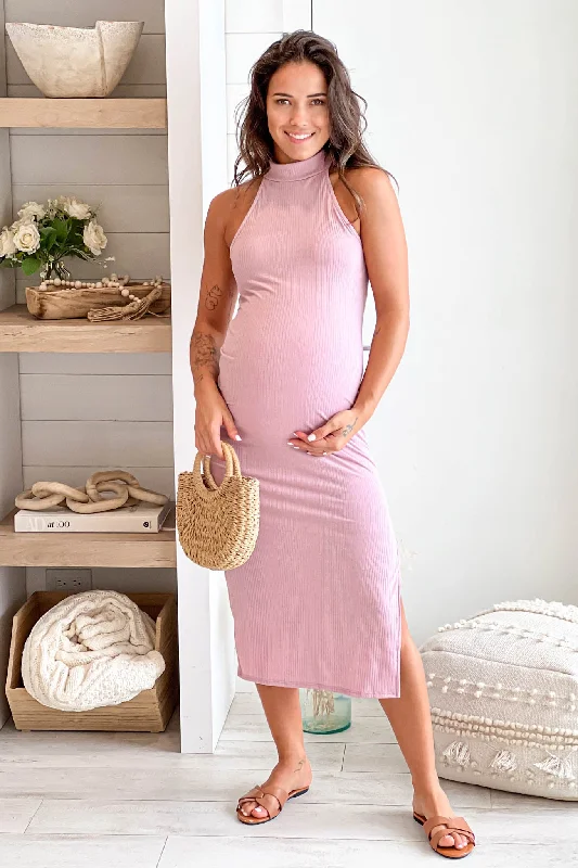 elegant midi dresses online -Midi dress for cocktail parties,Mauve Halter Neck Maternity Midi Dress With Side Slit