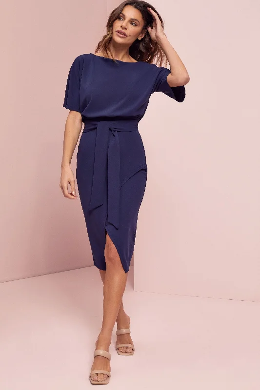 designer midi dresses for women -Midi dress with empire waist,Kimono Sleeve Belted Midi Dress Navy