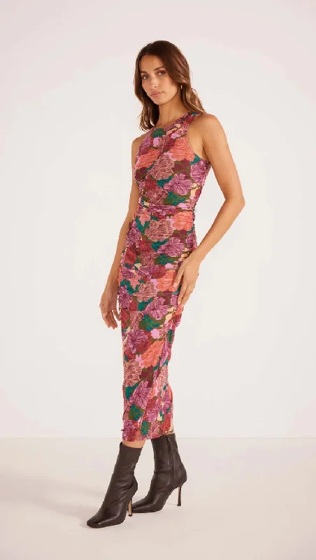 floral midi dresses for women -Midi dress with classic stripes,MinkPink Zora Ruched Midi Dress