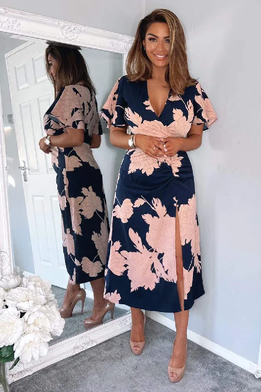 velvet midi dresses for evening -Midi dress with plunging neckline,Navy And Blush Floral Print Bell Sleeve Midi Dress