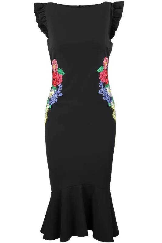 designer midi dresses online -Midi dress with chic design,Midi Dress with Frilled Shoulders and Fluted Hem