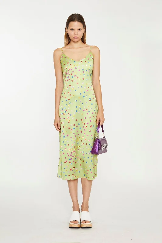 boho midi dresses for summer -Midi dress with tie waist,Lime-Multi Daisy Bias-Cut Slip Midi-Dress