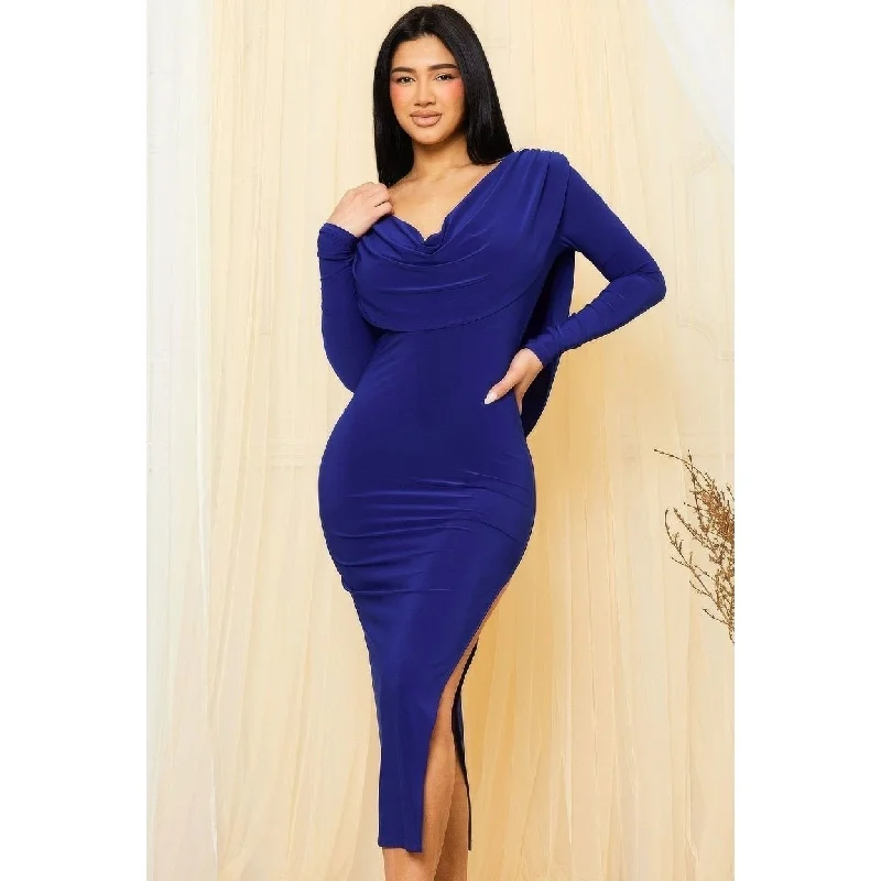 affordable midi dresses for summer -Casual midi dress for work,Low Cowl Neck And Back Midi Dress