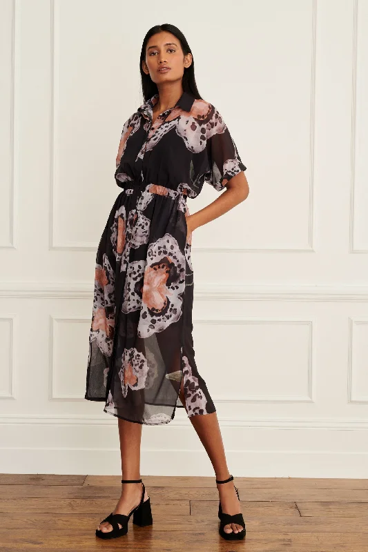 cotton midi dresses for summer -Midi dress with cap sleeves,Black and Orange Printed Short Sleeve Tie Waist Midi Dress