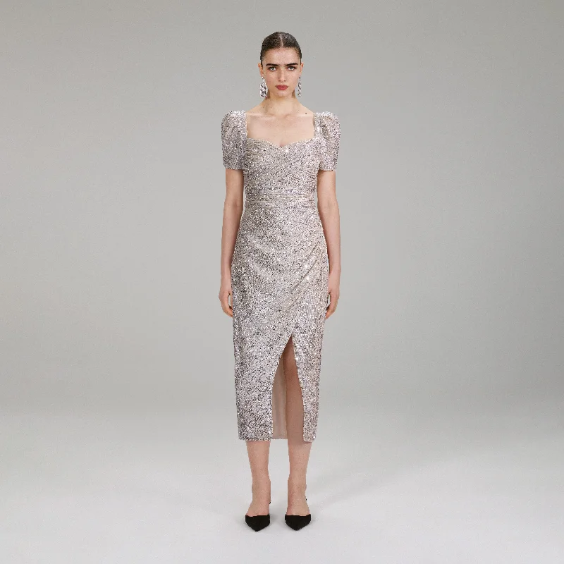 stylish midi dresses for party -Midi dress with minimalist design,Silver Sequin Midi Dress