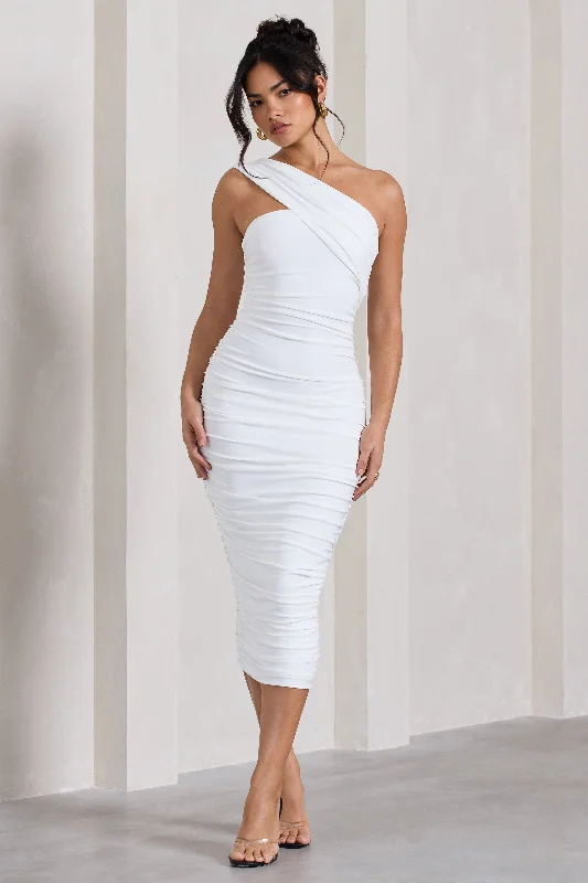 white midi dresses for women -Midi dress for cocktail parties,Contour | White One Shoulder Bodycon Midi Dress