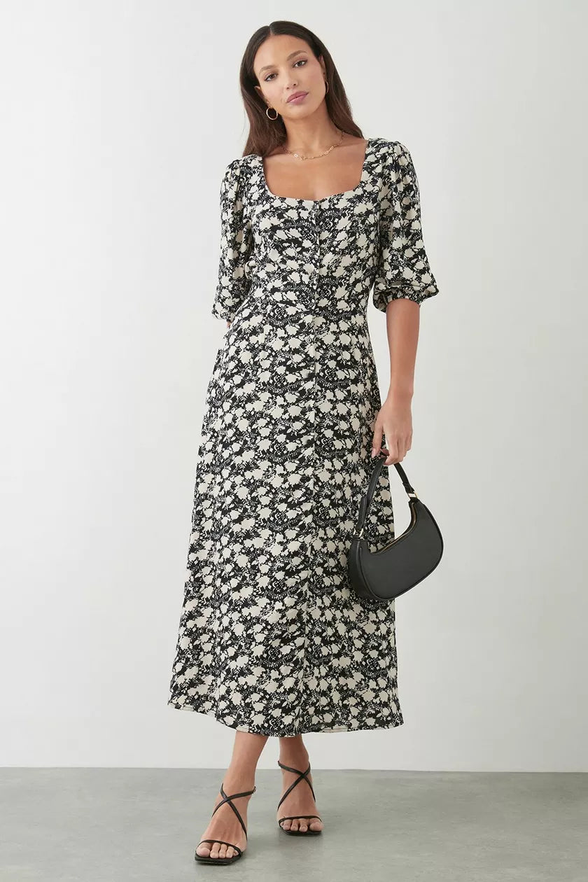 black midi dresses for summer -Midi dress with puffball skirt,Tall Mono Ditsy Floral Button Through Midi Dress