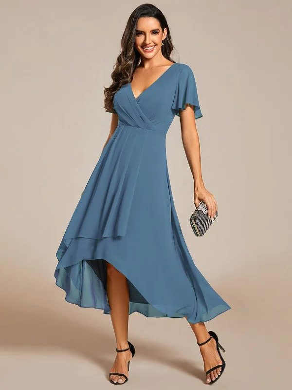 sparkly midi dresses for events -Midi dress with one shoulder,Lana | Pleated Chiffon Ruffles Sleeve Midi Evening Dress