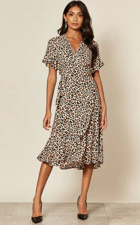 elegant midi dresses for date -Midi dress with spaghetti straps,Short Sleeve Wrap Midi Dress In Leopard Print