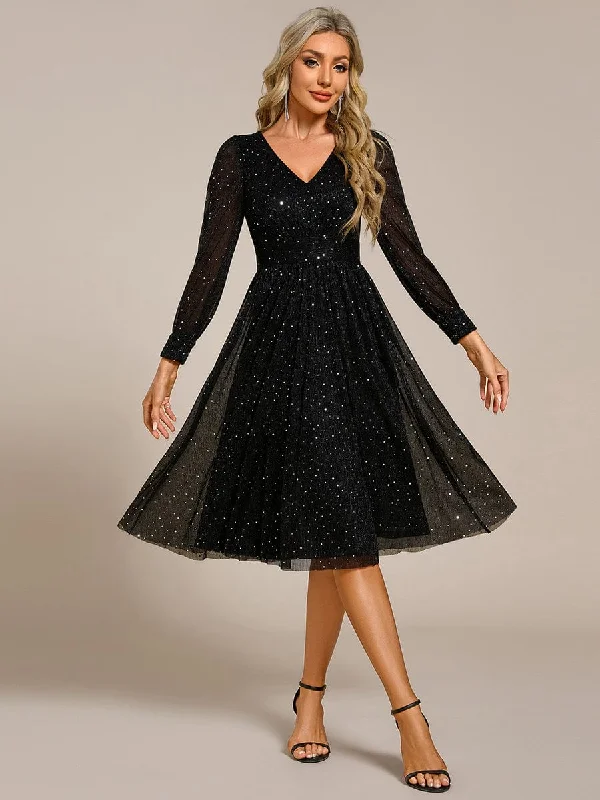 lace midi dresses for weddings -Midi dress with glitter accents,Glitter Midi Wedding Guest Dress with Long Sleeves