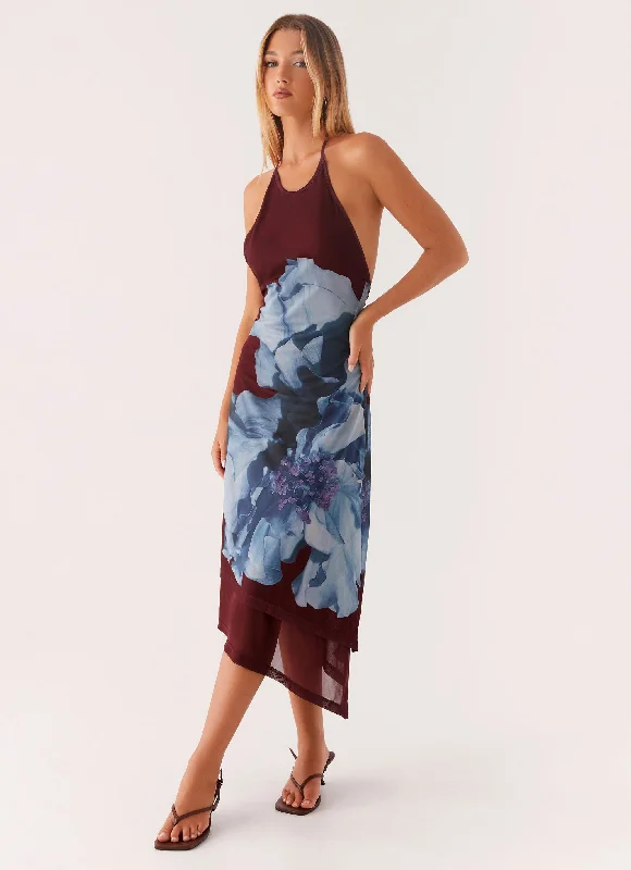 cheap midi dresses for date -Midi dress with retro vibe,Brinley Halterneck Midi Dress - Maroon Print