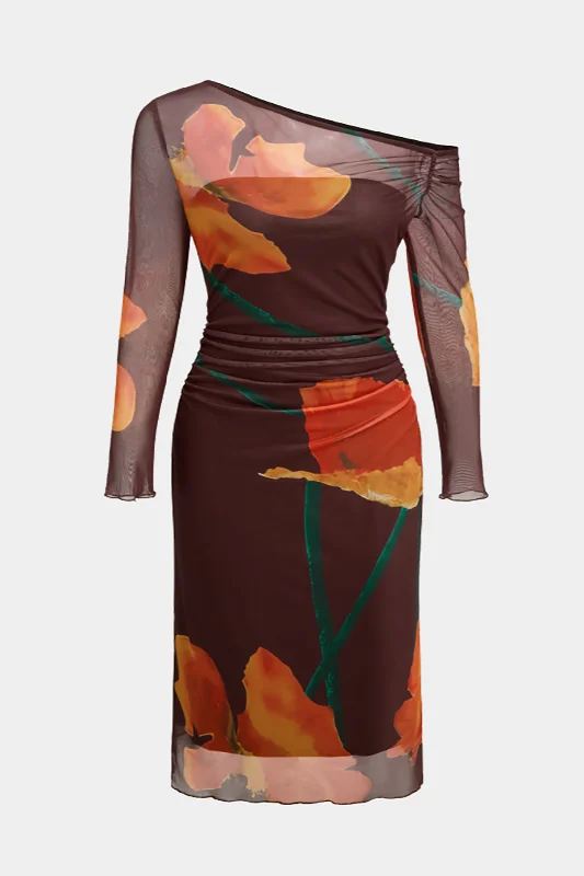 floral midi dresses for summer -Midi dress with cool tones,Plus Size Floral Print Mesh Boat Neck Long Sleeve Midi Dress