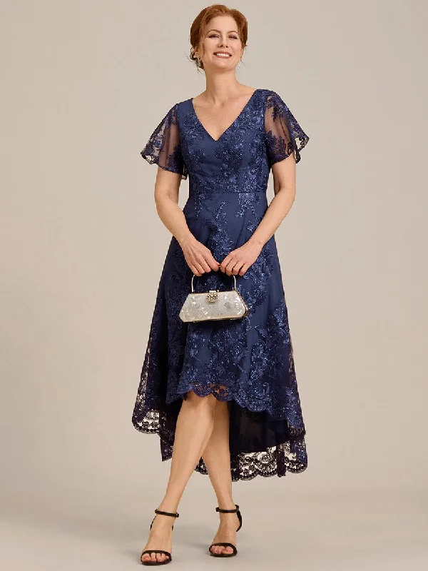 elegant midi dresses online -Midi dress with retro style,Bonnie | Embroidered Mesh Double V Neck Midi Mother of the Bride Dress