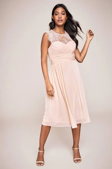 cotton midi dresses for sale -Midi dress with retro flair,Mesh Embroidered Trim Midi Dress Pink