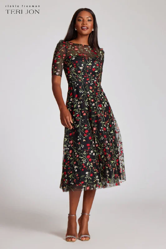 stylish midi dresses for date -Midi dress with unique patterns,Floral Embroidered Tulle Midi Dress