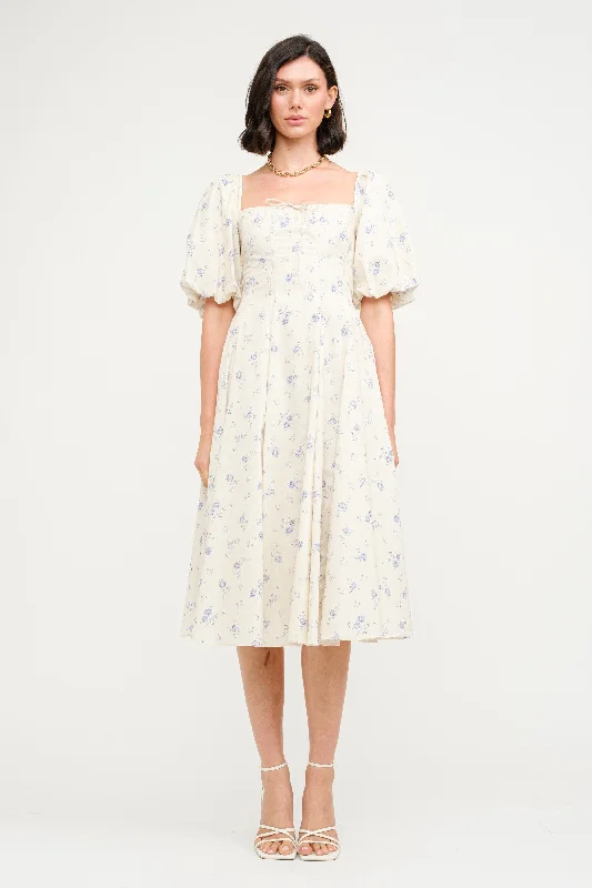 sparkly midi dresses for date -Midi dress for cocktail parties,Olivia 100% Cotton Floral Printed Midi Dress in Ivory