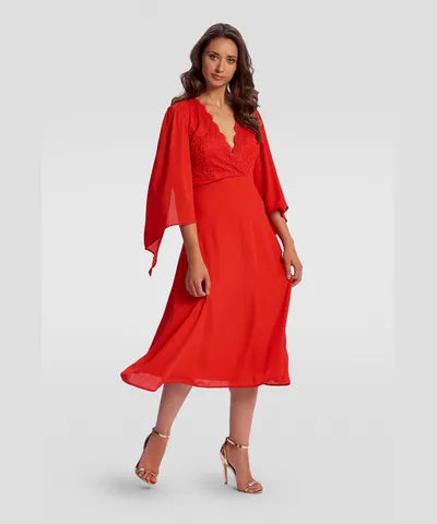 lace midi dresses for party -Midi dress with wild prints,Red Wide Sleeve Midi Dress