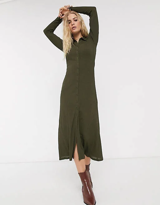 green midi dresses for sale -Midi dress with iridescent finish,Khaki Ribbed Midi Cardigan Style Dress