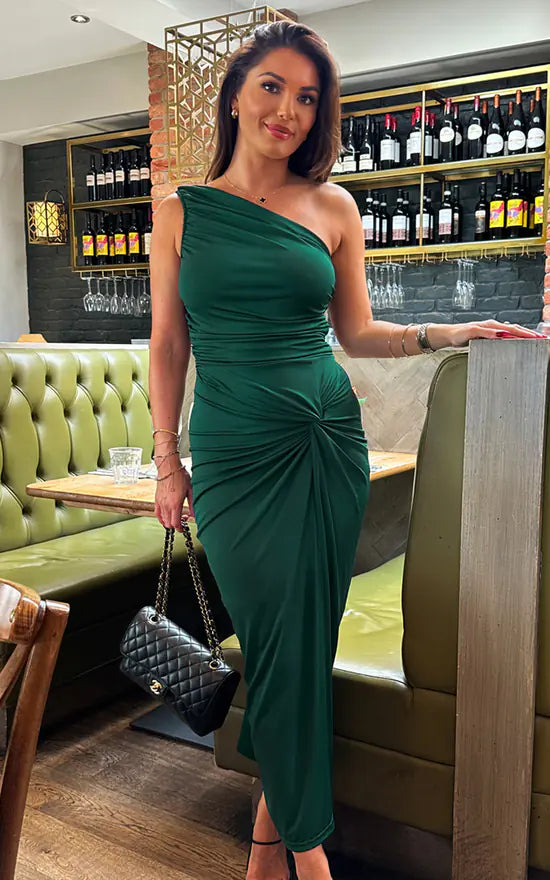 plus size midi dresses for party -Midi dress with zen vibes,Teal One Shoulder Knot Skirt Midi Dress