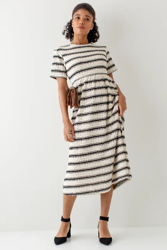 green midi dresses for women -Midi dress with retro flair,'Lyric' Striped Crochet Knit Midi Dress in Cream