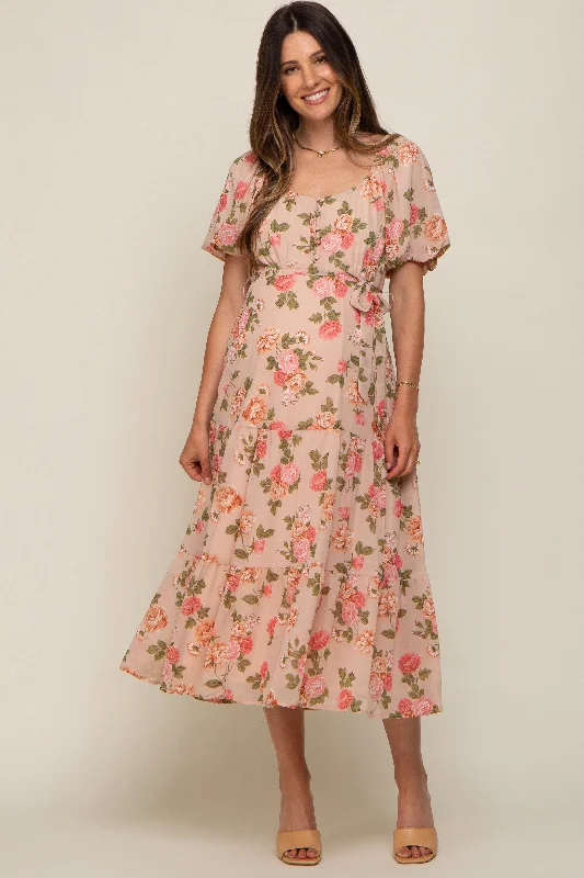 floral midi dresses for summer -Midi dress with plunging neckline,Pink Floral Button Puff Sleeve Maternity Midi Dress