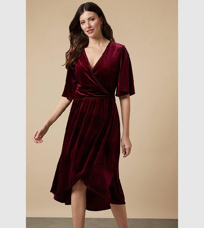 boho midi dresses for women -Midi dress with halter neck,Tall Velvet Wrap Midi Dress Burgundy Red