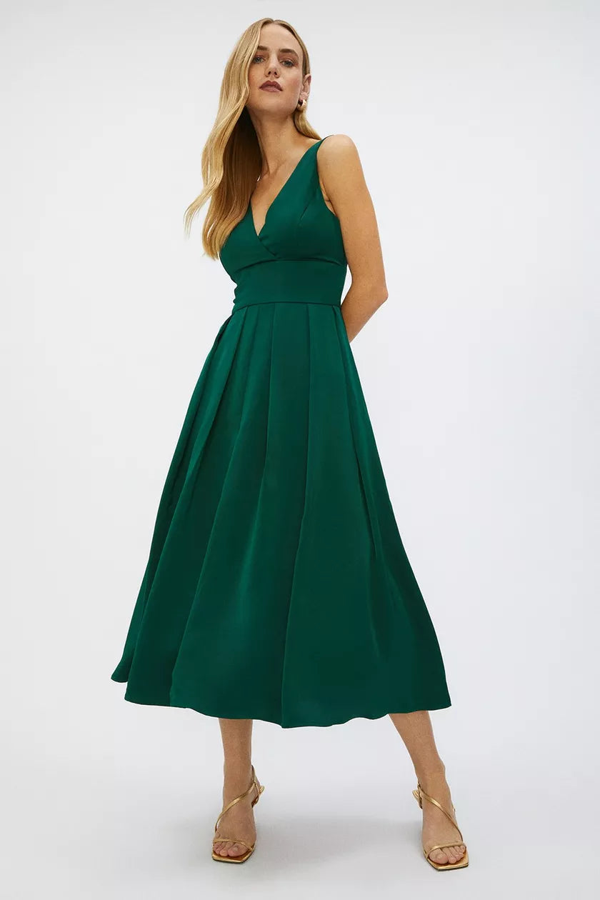 long sleeve midi dresses for summer -Midi dress with satin fabric,Full Skirted Satin Midi Dress Green