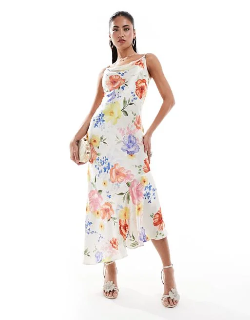 casual midi dresses for women -Midi dress with shimmer effect,Cami Sleeve Floral Satin Bias Midi Dress