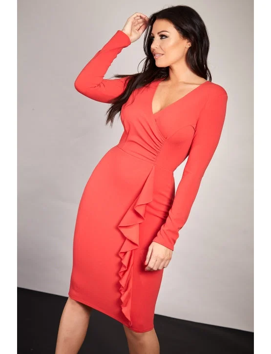 boho midi dresses for sale -Midi dress with glam touch,Red Long Sleeve Wrap Bodycon Midi Dress