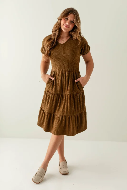 casual midi dresses online -Midi dress with smocked bodice,'Potter' Ribbed Raglan Sleeve Midi Dress in Olive Brown