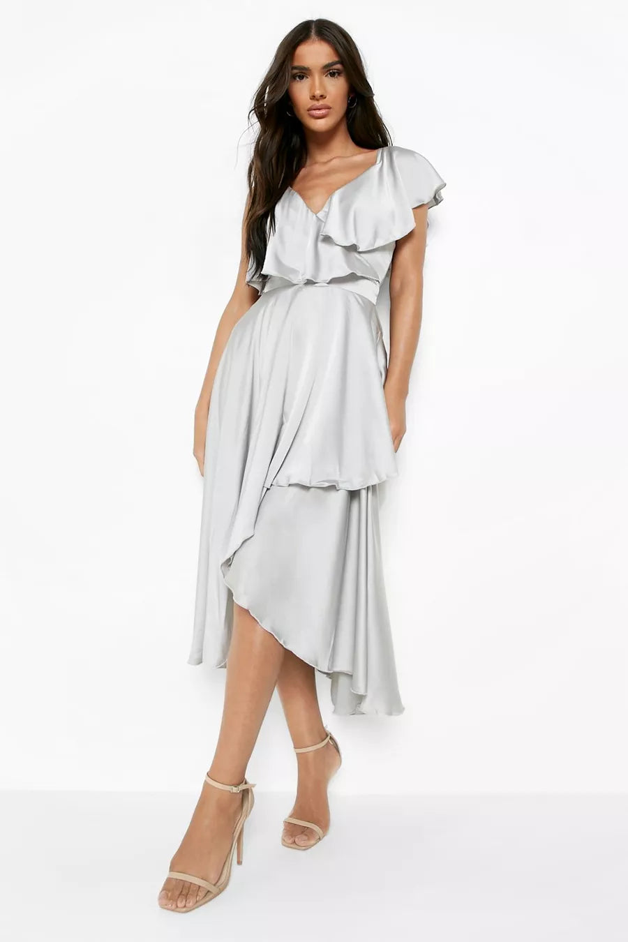 casual midi dresses for date -Midi dress for beach vacation,Satin Ruffle Wrap Midi Dress