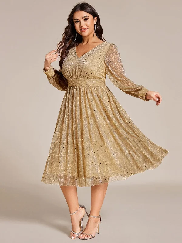 affordable midi dresses for teens -Midi dress with illusion neckline,Plus Size Glitter Midi Wedding Guest Dress with Long Sleeves