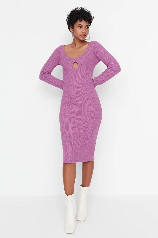 sparkly midi dresses online -Midi dress with frilly details,Purple Knit Midi Cut out Dress