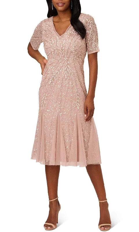 Cocktail dress with floral embroideryAdrianna Papell AP1E210196 - V Neck Godet Mesh Dress