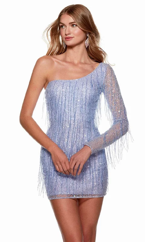 cheap party dress for date -Cocktail dress with metallic sheenAlyce Paris 4646 - Fringed One Shoulder Homecoming Dress