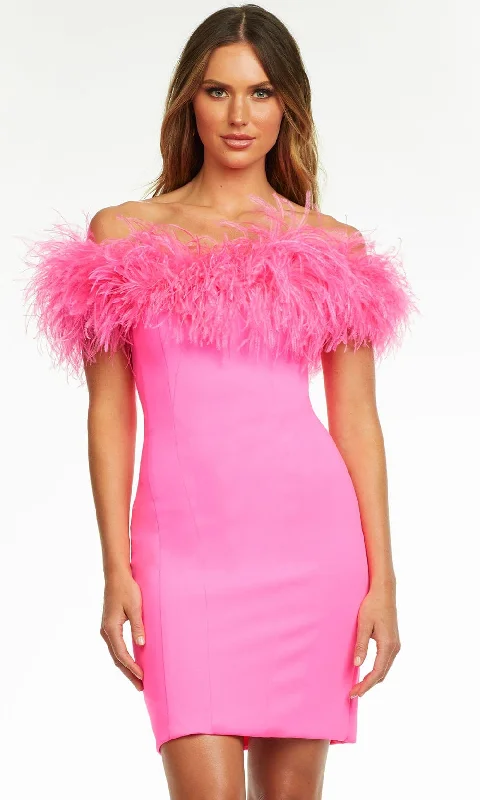 Champagne cocktail dressAshley Lauren - 4490 Off Shoulder Feather Short Dress