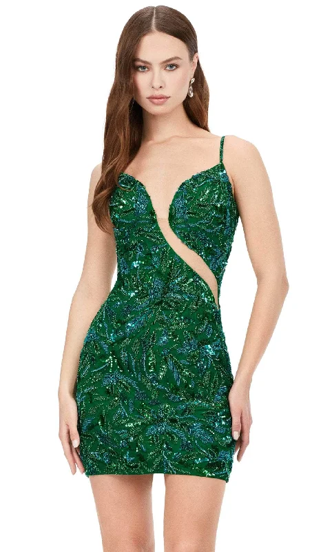 Halter neck cocktail dressAshley Lauren 4589 - Beaded Plunge Cocktail Dress