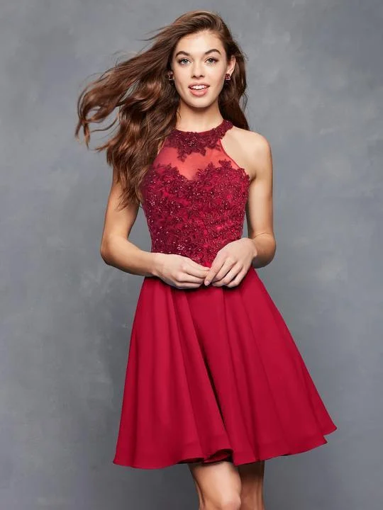 Cocktail dress with illusion skirtClarisse - S3528 Lace Halter Neck Chiffon A-line Dress