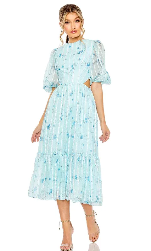 affordable party dress for summer -Cocktail dress with tulleIeena Duggal 49602 - Lace Up Puff Sleeve Floral Dress