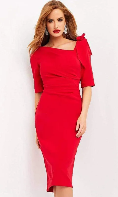 Cocktail dress with pleated skirtJovani - 04281 Asymmetric Neck Fitted Knee Length Dress