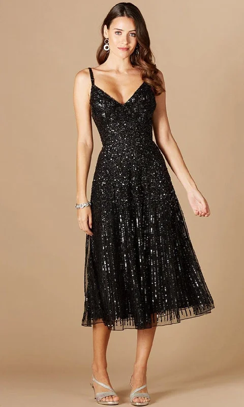 Cocktail dress with beaded fringeLara Dresses 29347 - Glittery Sequined Sleeveless Tea Length Dress