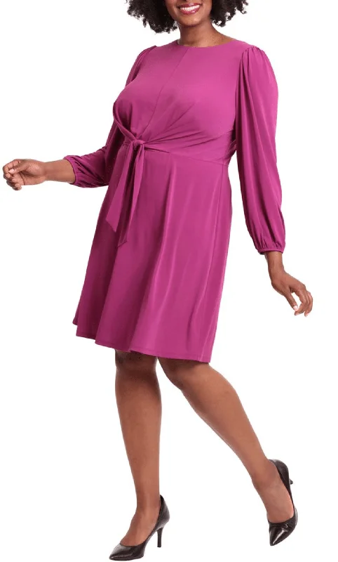 Cocktail dress with plunging necklineLondon Times T6405M - Long Sleeve Tie Waist Short Dress