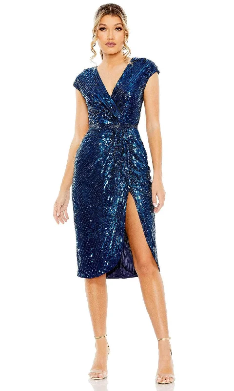 long party dress for date -Cocktail dress with illusion necklineMac Duggal 5777 - Cap Sleeve Sequin Embellished Knee-Length Dress