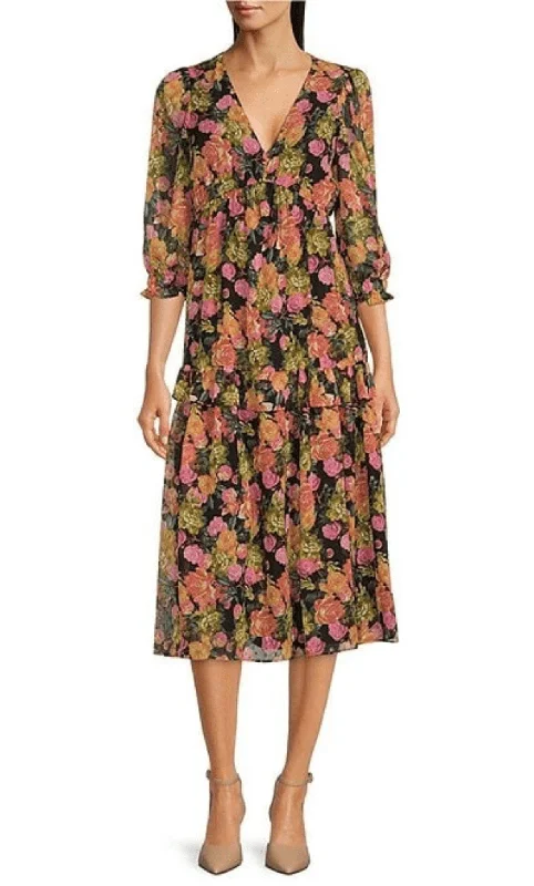 Cocktail dress with lace-up backMaison Tara 91791M - Floral Printed Quarter Sleeve Dress