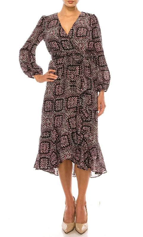 plus size party dress for summer -Cocktail dress for evening eventsMaison Tara 95611M - Faux Wrap Long Sleeve Dress