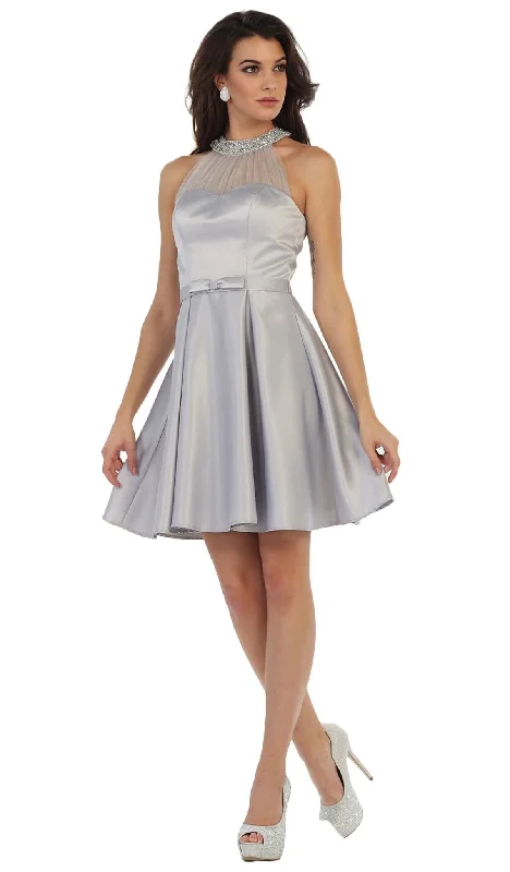 Cocktail dress with taffetaMay Queen Jeweled Illusion Halter Sleek A-Line Dress