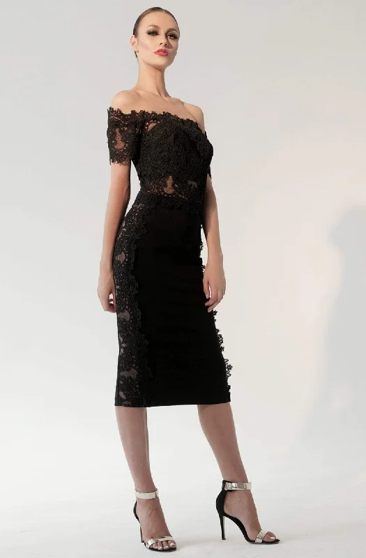 velvet party dress for summer -Cocktail dress with metallic finishNicole Bakti - 592 Lace Appliqued Off-Shoulder Cocktail Dress