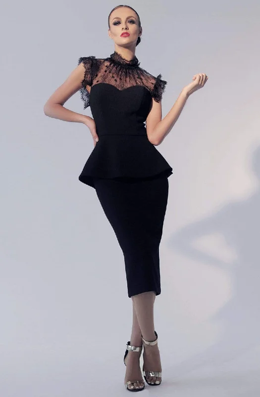 Cocktail dress with metallic beltNicole Bakti - 605 Illusion High Neck Peplum Cocktail Dress