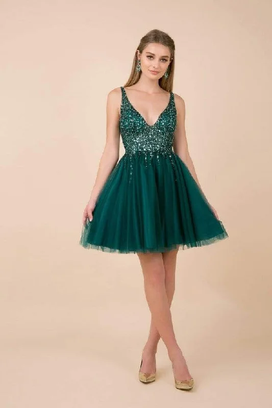 Cocktail dress with off-shoulderNox Anabel - Bead Embellished Plunging V-Neck Cocktail Dress G694