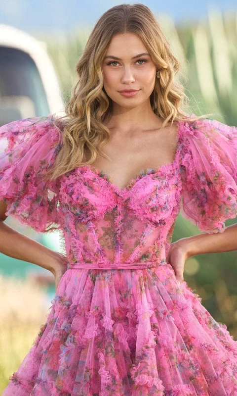 trendy party dress for date -Elegant cocktail dressSherri Hill 55624 - Floral Cap Sleeves Short Dress